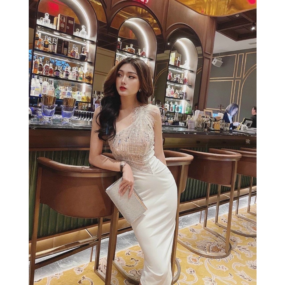 Đầm body lệch vai phối lông kết cườm TRIPBLE T DRESS - size S/M/L - MS347V