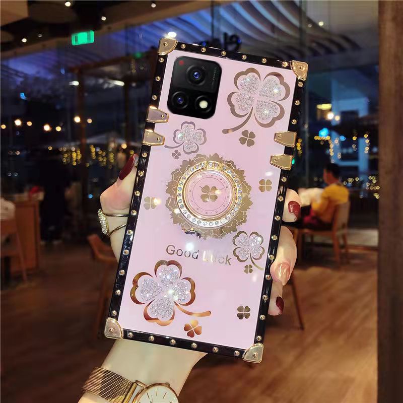 Ốp Điện Thoại Hình Vuông Đính Đá Lấp Lánh Kèm Giá Đỡ Cho Oppo A55 A15 A15S A16 A9 A53 A33 A5s A3s A12 A31 A52