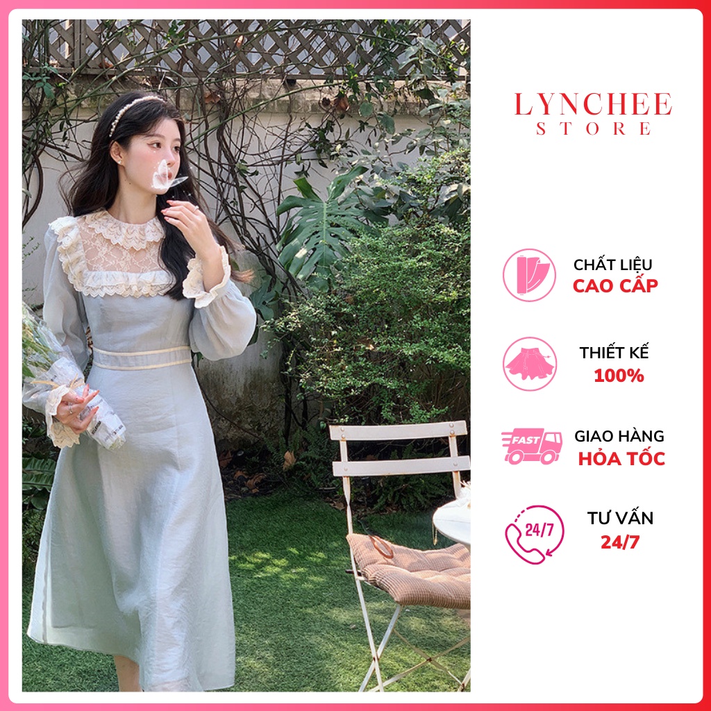 Váy Xanh vintage tiểu thư phối ren dáng dài, Đầm tiểu thư dự tiệc dáng dài phối ren sang chảnh