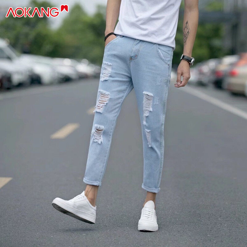 Quần jean AOKANG dáng ôm màu sáng dễ phối đồ thời trang mùa hè dành cho nam