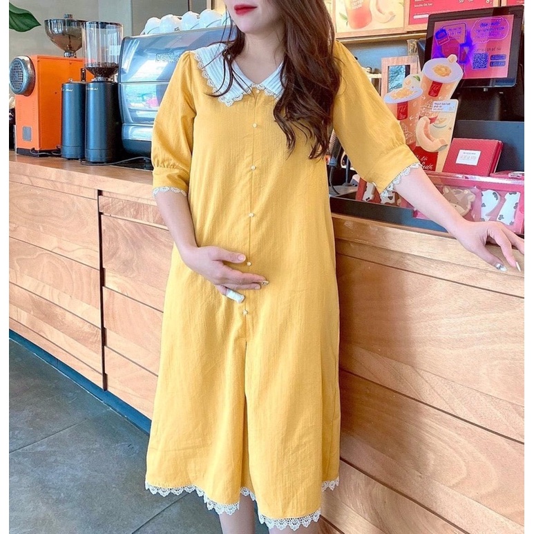 Váy Bầu Công Sở Đầm Bầu Dáng Suông Cổ Ren Trắng Siêu Xinh Màu Vàng Tôn Da