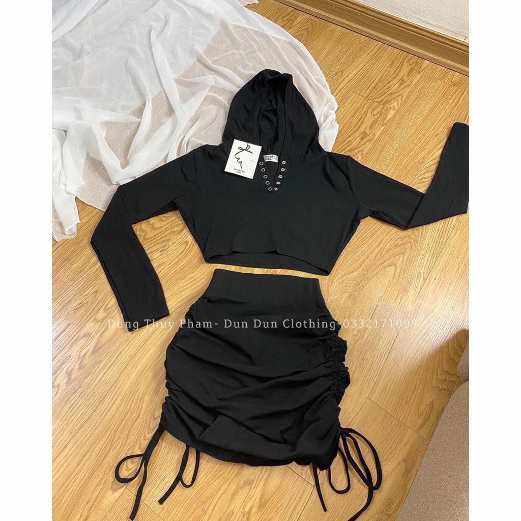 Set áo mũ+ chân váy rút