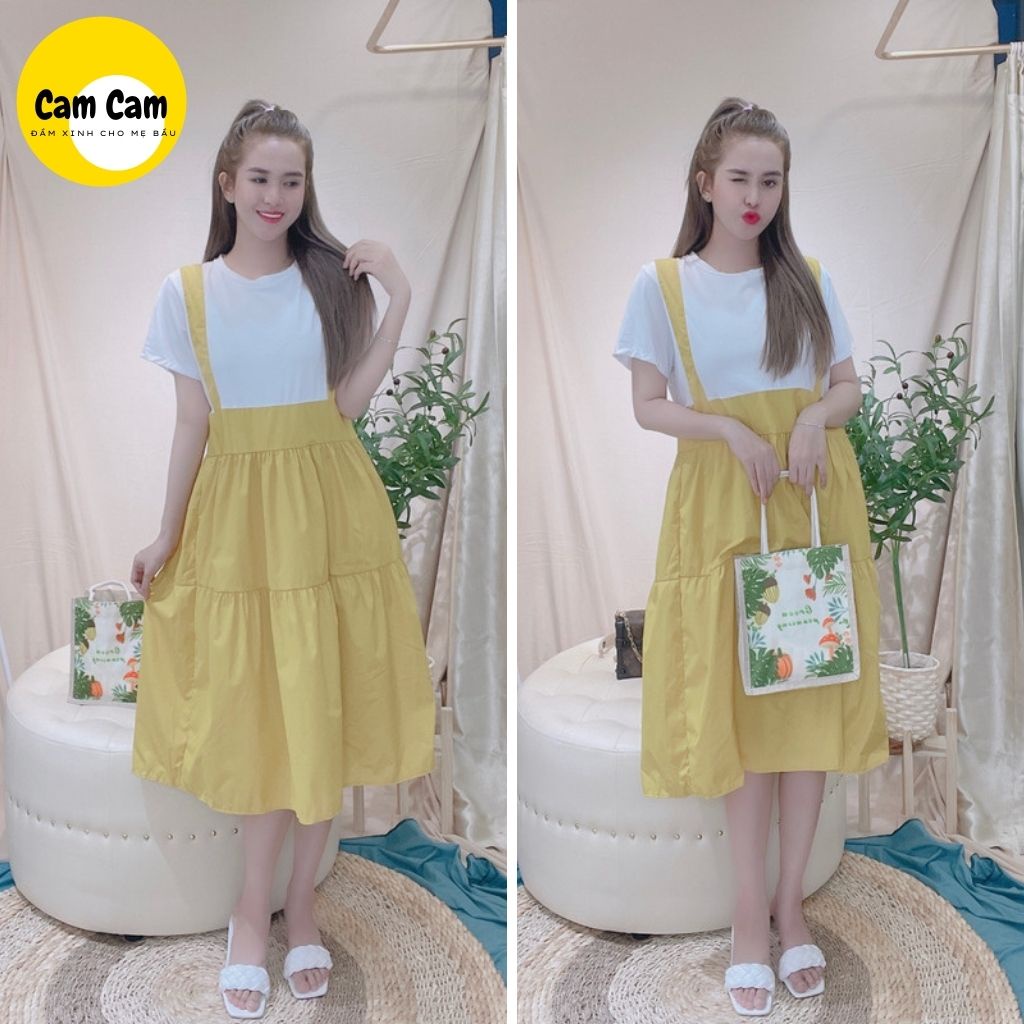 Váy bầu xinh đầm bầu trang phong cách trẻ trung nơ sau cực xinh  tháng mát màu vàng