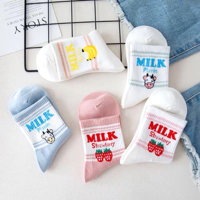 Tất vớ nam nữ cổ cao vintage hàn quốc unisex họa tiết bò sữa Milk