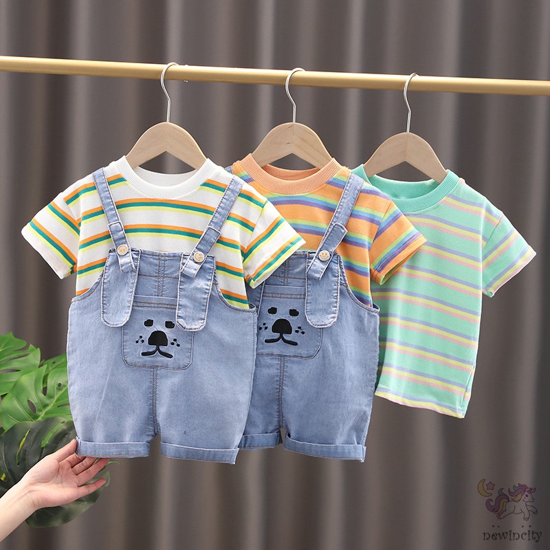 Bộ áo thun cổ tròn kẻ sọc + quần yếm denim cá tính cho bé
