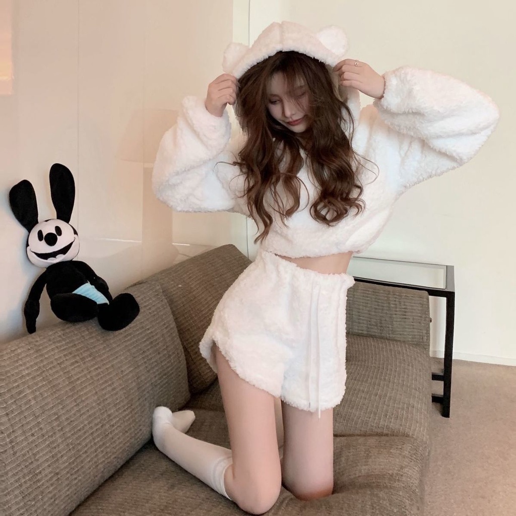 Set Áo Hoodie Dày Dặn Lưng Cao + Quần Short Thời Trang Thu Đông Phong Cách Retro Dễ Thương Cho Nữ 2021