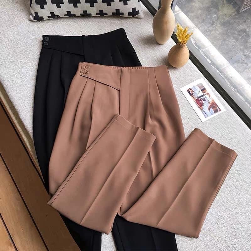 Quần công sở baggy Quần tây nữ cạp cao cúc lệch 2 khuy