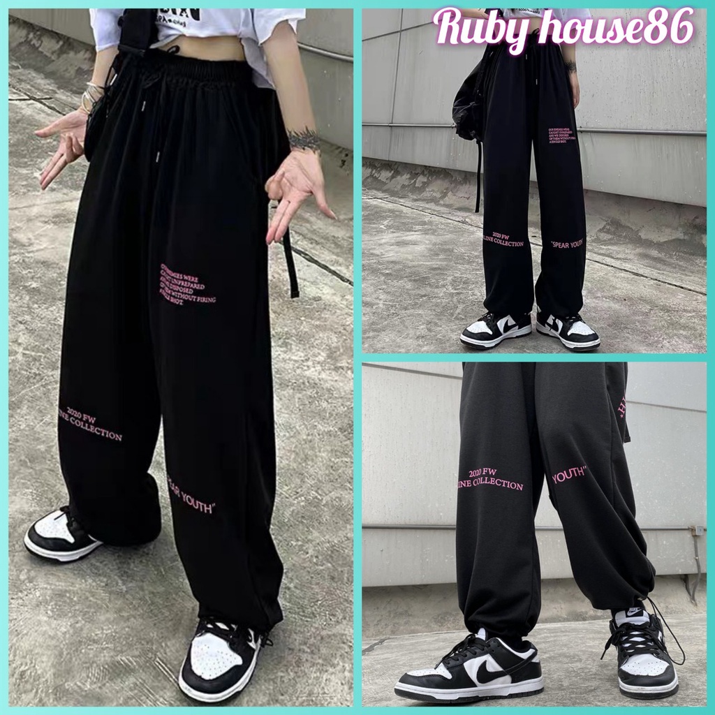 Quần chữ chốt gấu RUBY HOUSE86 chất umi ngoại dầy, chốt gấu điều chỉnh, chữ in màu hồng cá tính nổi bật