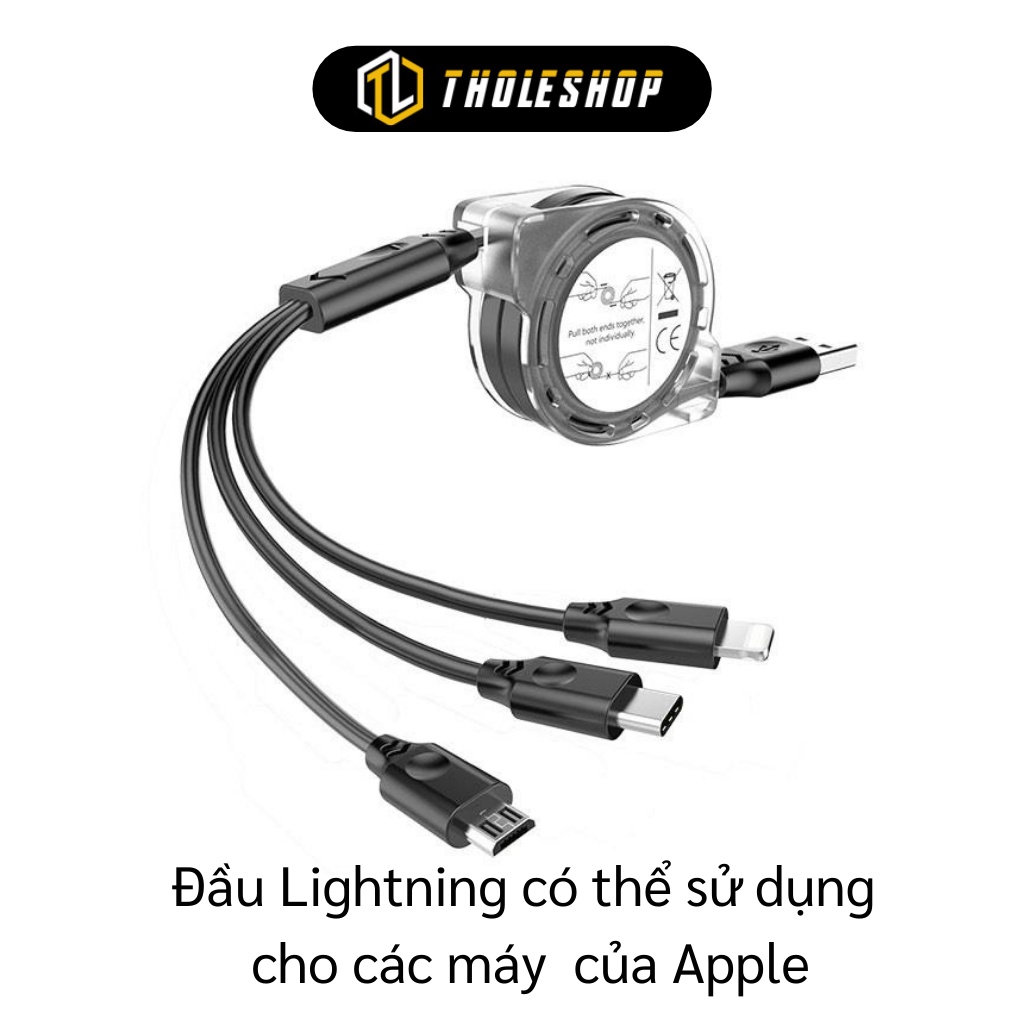 Cuộn Cáp Sạc - Cáp Sạc Dây Kéo Cuộn Tròn 3 Đầu Có Dây Rút Chống Rối 6315