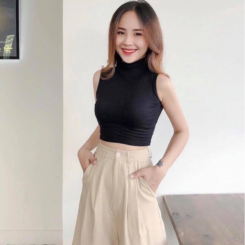 Áo croptop CỔ LỌ 3 LỖ TRƠN Trắng - Đen // Thiên Yết QT