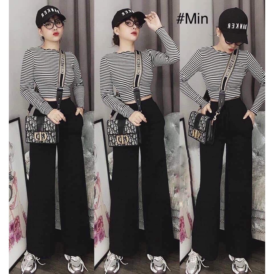 SET ÁO CROPTOP KẺ VIỀN BÈO DÀI TAY MIX QUẦN CULLOTES DÀI