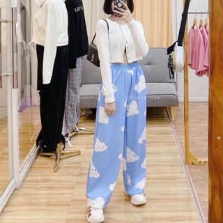 Quần culottes nữ ống rộng in 3D - Đám mây xanh