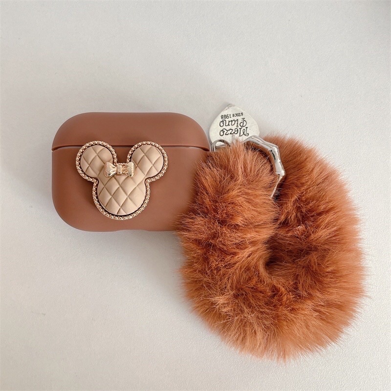 Case Airpods 1/2 /Pro Vỏ Ốp Tai Nghe Hình Mickey Nâu Kèm Cục Bông - Mr.Case AirPods