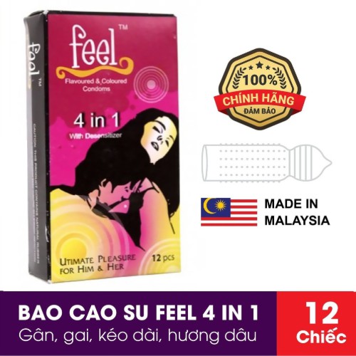 Bao cao su Gai Feel 4 in 1 [CHÍNH HÃNG] Bao cao su Gân Gai Kéo dài thời gian - Hương dâu,Hộp 12 bao, Sự kết hợp hoàn hảo