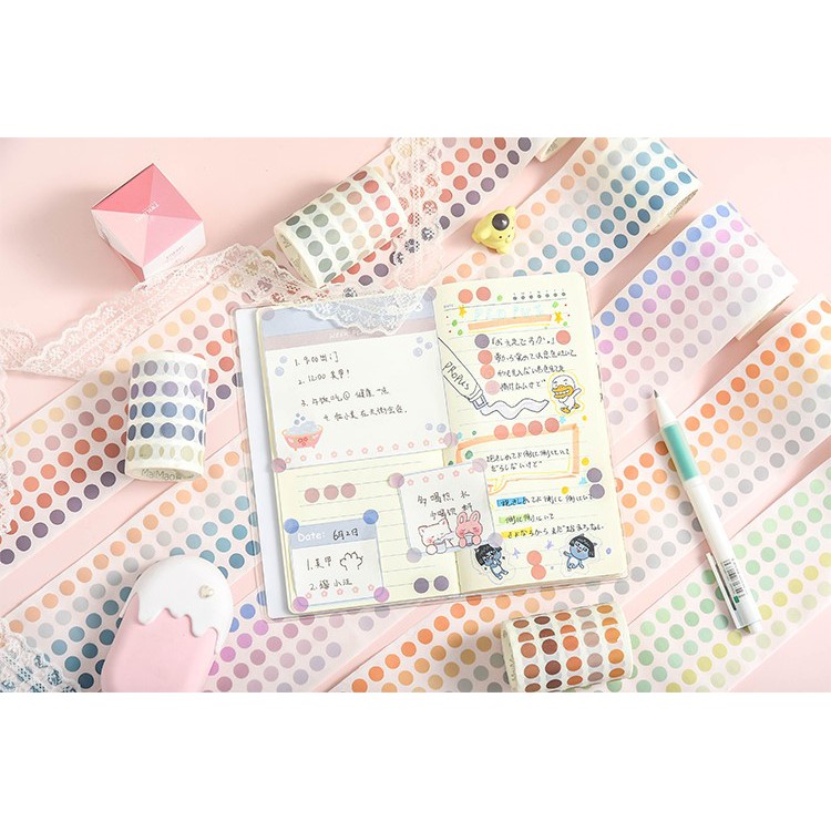 (WT01) Cuộn Washi Tape Nhiều Màu Chấm Tròn