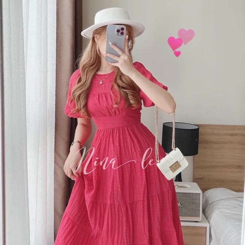 Váy nữ xòe thiết kế cổ vuông tay bồng eo chun, đầm tiểu thư dáng xoè, đầm công chúa cổ vuông tay phồng DSs