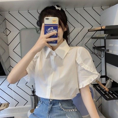 Áo sơ mi cho nữ màu trắng kiểu croptop có cổ tay bồng phong cách tiểu thư ...