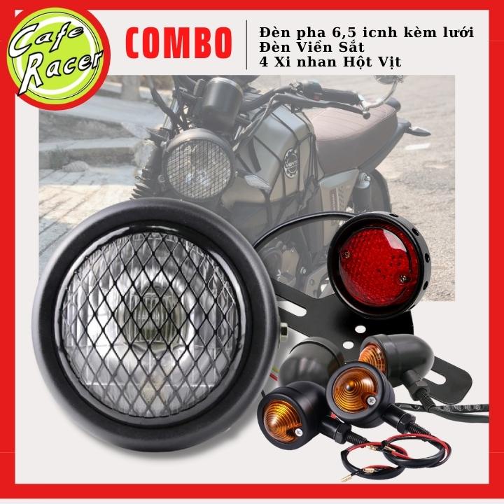 Combo đèn pha lưới 6,5icnh gáo sắt kính vàng cùng đèn hậu lưới và 4 xi nhanh lưới độ xe CAFE RACER
