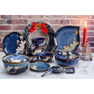 Bộ đồ ăn Bát Tràng men hỏa biến xanh vẽ sen trắng