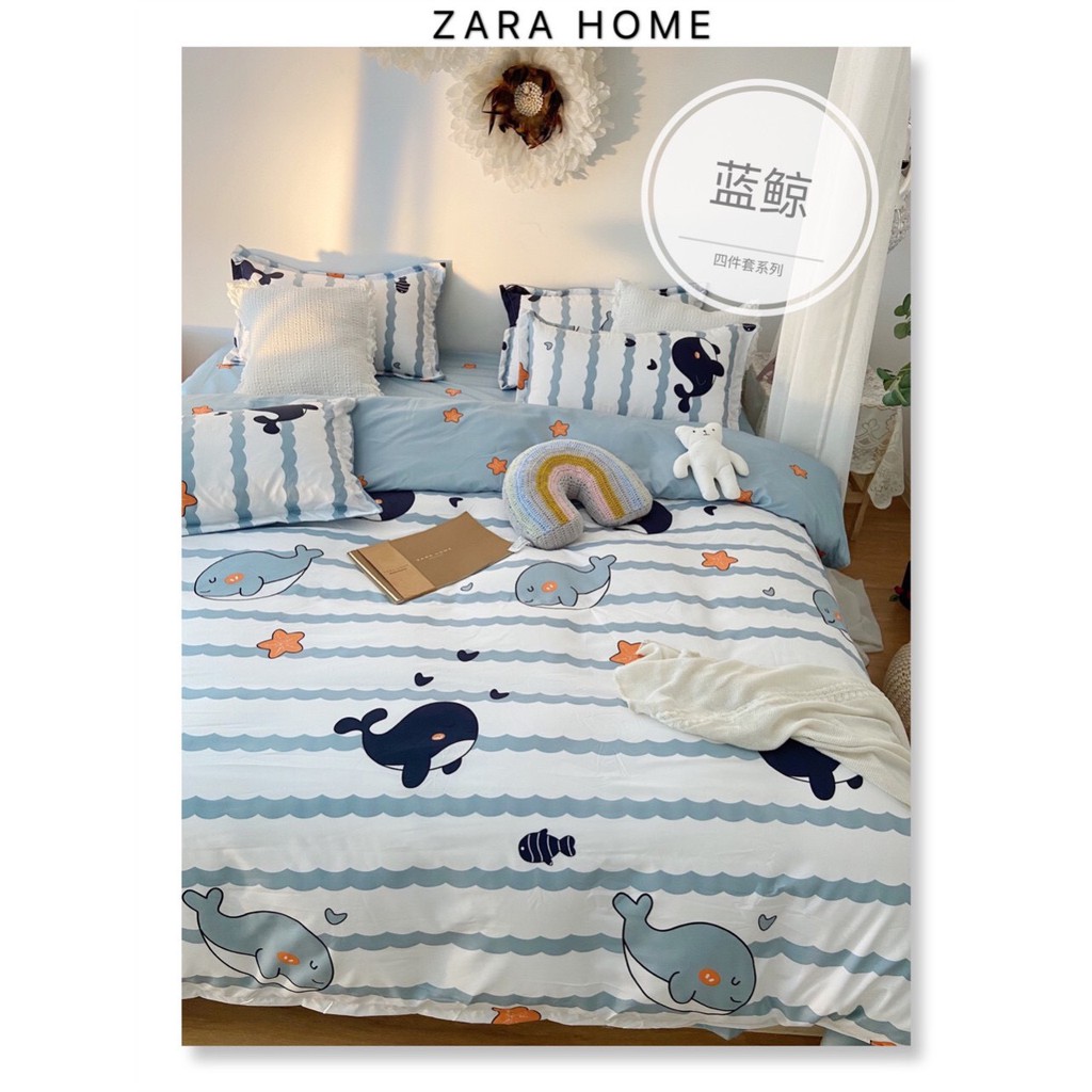 Bộ chăn ga gối sét hè Gấu decor chăn ga nhập khẩu đủ size drap ga giường - họa tiết cá heo