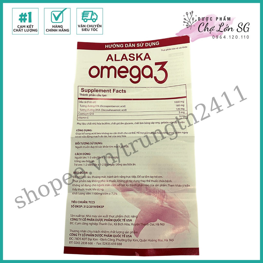 Viên dầu cá ALASKA OMEGA 3 WITH COENZYM Q10 hỗ trợ sức khỏe tim mạch và mắt  - Chai 100v