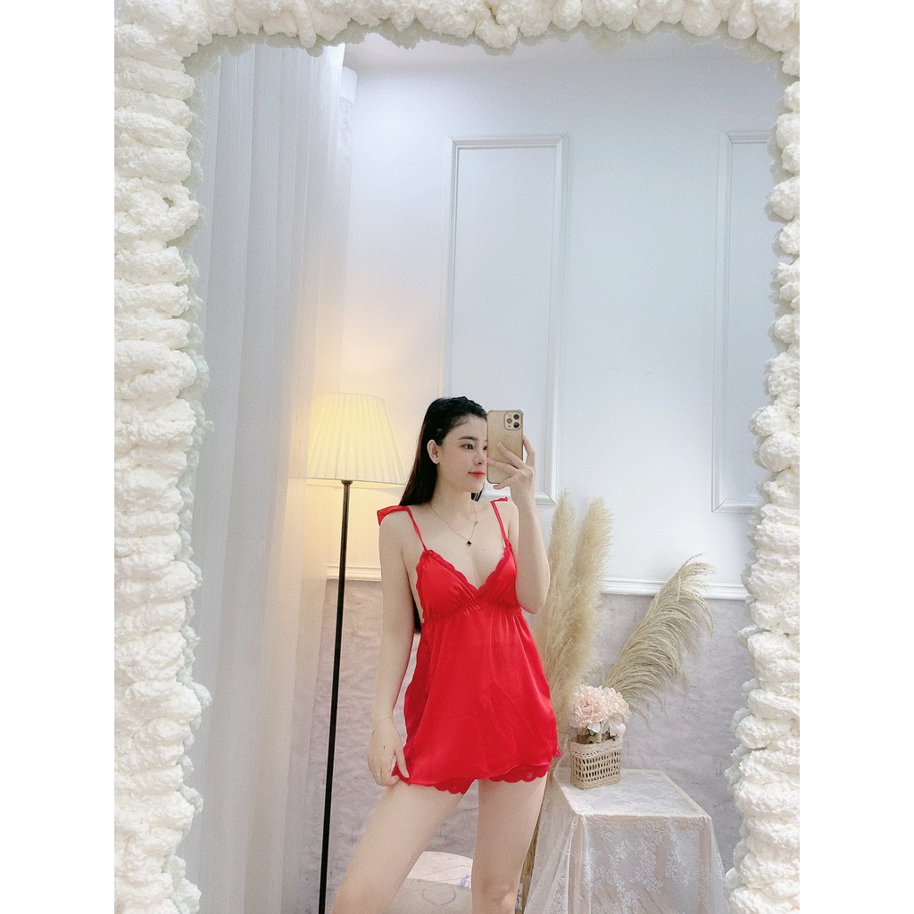 Đồ ngủ sexy,Làm từ lụa satin phối ren bên sườn, dây tai bèo điệu đà, quyến rũ | BigBuy360 - bigbuy360.vn