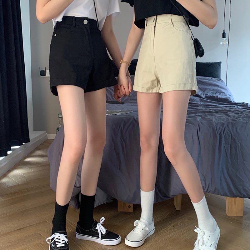 Quần short vải denim lưng cao ống rộng 4 màu tự chọn cho nữ