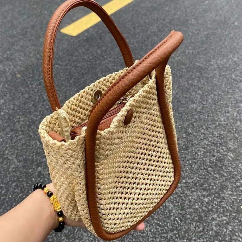 [SẴN] Túi cói đi biển kèm túi da nhỏ bên trong_có nút bấm và dây đeo