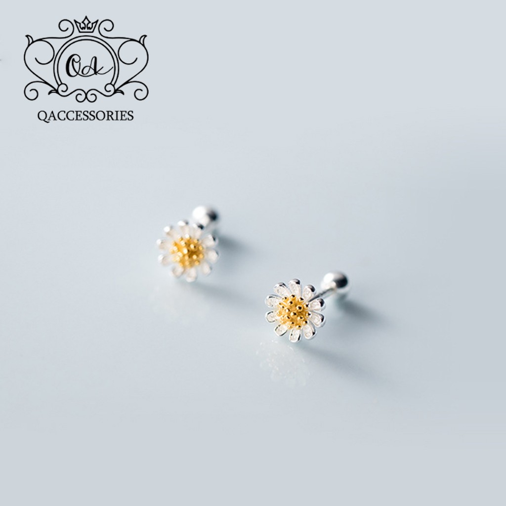 Bông tai bạc 925 hoa cúc nhụy vàng chốt bi vặn khuyên nụ S925 DAISY Silver Earrings QA SILVER EA210502