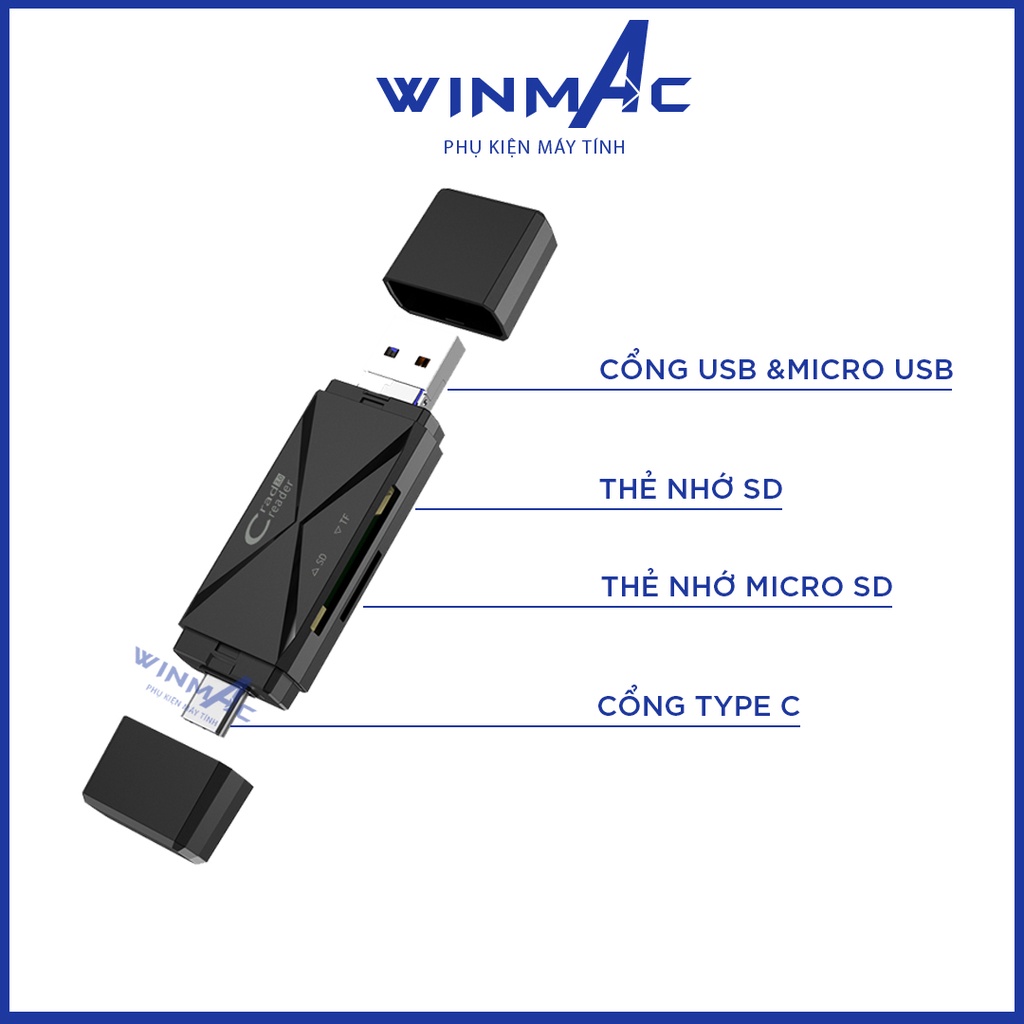 Đầu đọc thẻ nhớ cho điện thoại Android máy tính - Đầu lọc thẻ SD/ Mircro SD Cổng USB / TypeC / Micro USB - Winmac