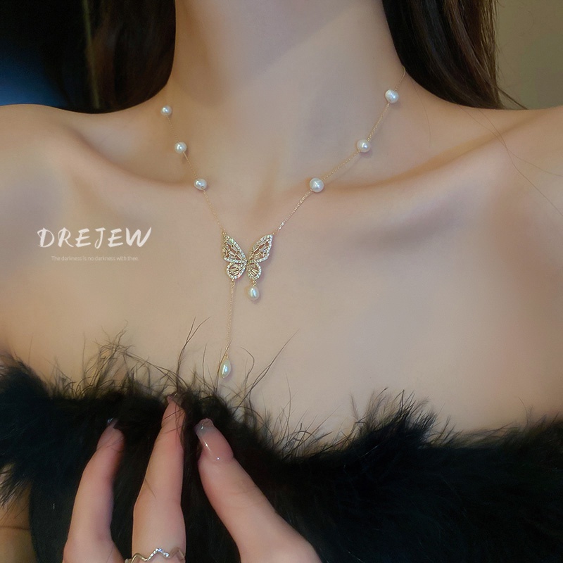 DREJEW Dây Chuyền Mặt Hình Bướm Đính Ngọc Trai Thời Trang Nhật Hàn Cho Nữ