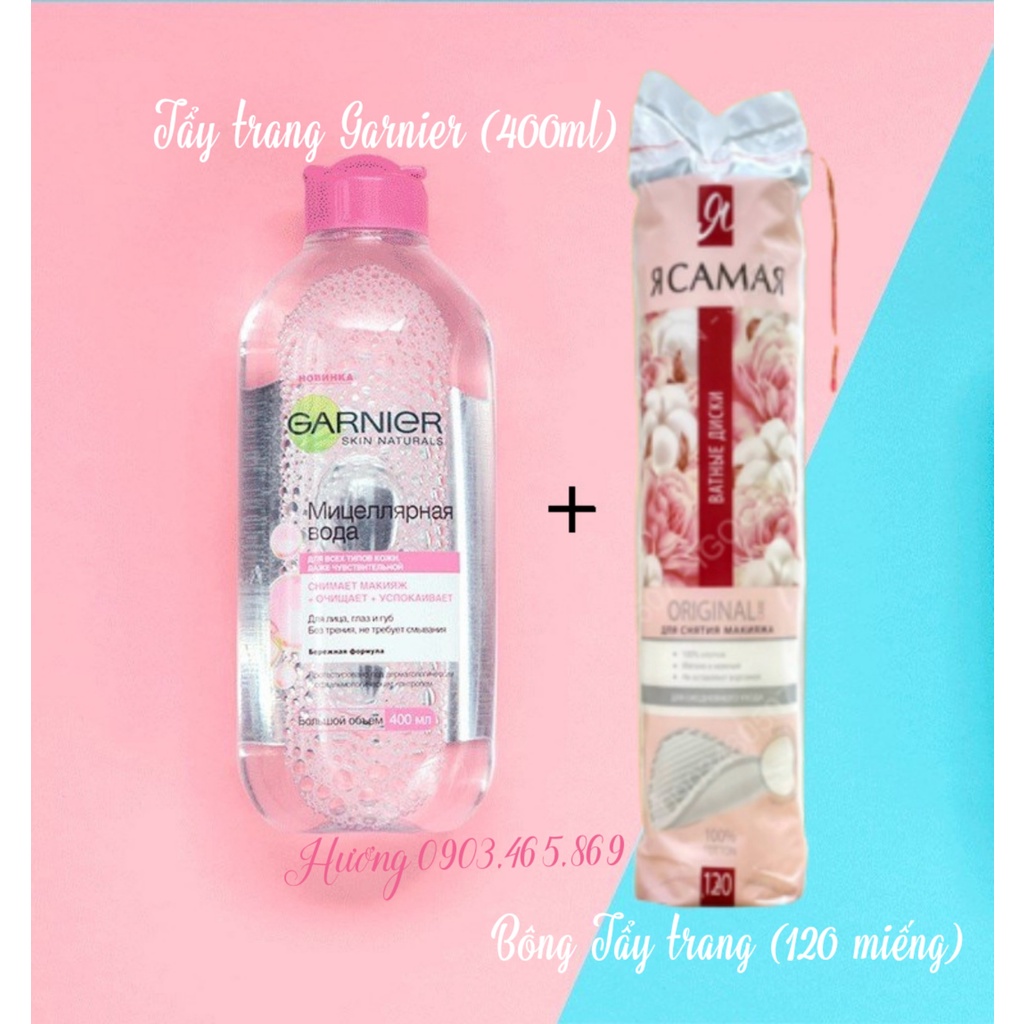 Combo tẩy trang Garnier hồng (400ml) + bông tẩy trang tôi là nhất (120 miếng) dành cho da khô, nhạy cảm