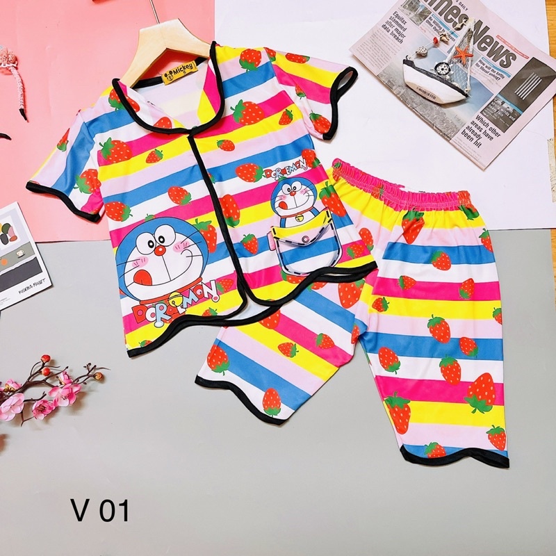 Đồ bộ pijama lửng bé gái thun lạnh 3D co giãn 4 chiều mềm mát mặc nhà mặc ngủ in hình dễ thương 22-47kg