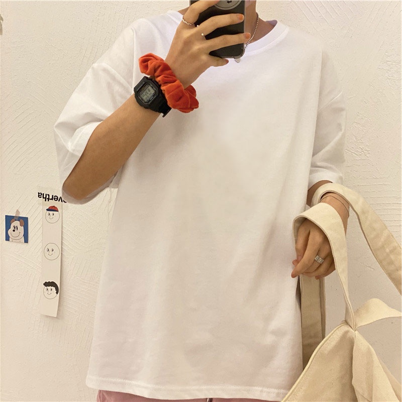 Áo thun tay ngắn dáng rộng màu trơn phong cách harajuku
