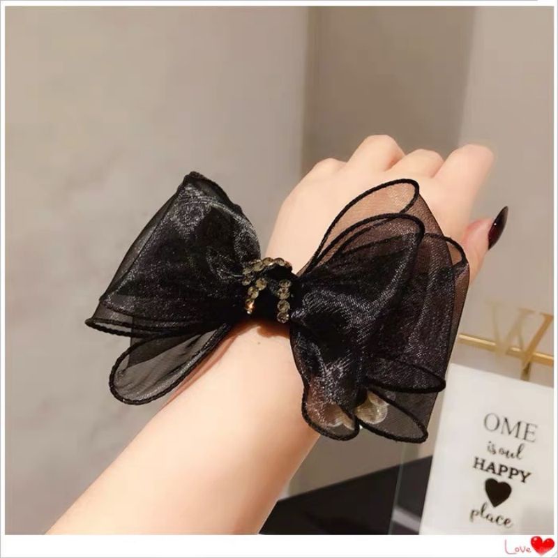 Dây Buộc Tóc Cao Su Co Giãn Đính Nơ Ren Và Ngọc Trai Thời Trang Hàn Quốc