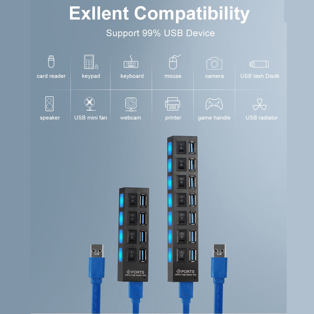 Hub chia 4 cổng USB 2.0 7 cổng USB 3.0 tốc độ cao màu đen