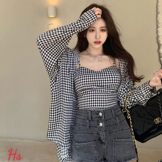 Set Áo Sơ Mi Kèm Áo Hai Dây Kẻ Caro Phong Cách | BigBuy360 - bigbuy360.vn