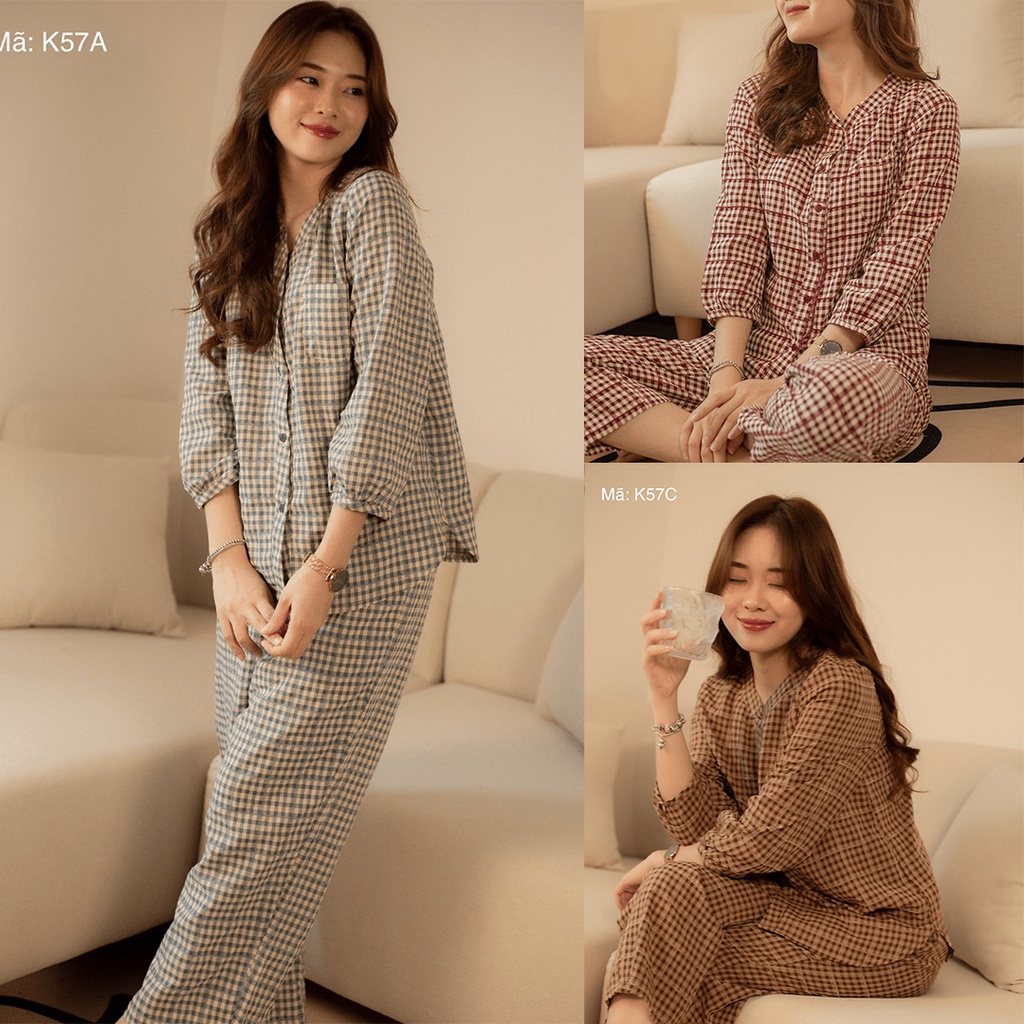 Đồ bộ pijama dài tay áo quần có túi kẻ caro cao cấp mềm mịn, mát khi mặc