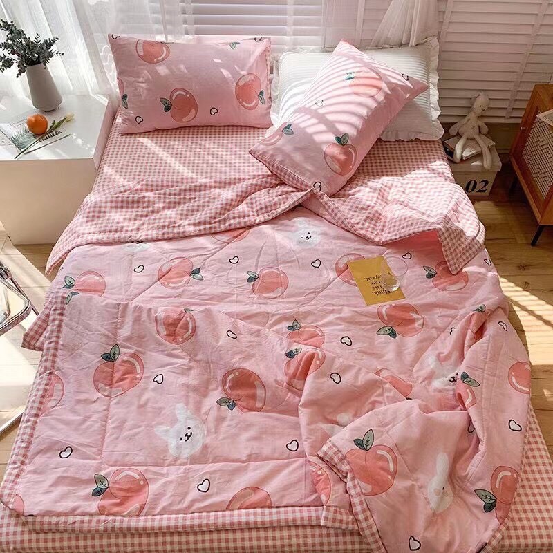 Bộ Chăn Ga Gối Cotton 100% - Chăn Hè Chần Bông Mỏng Hoạ Tiết Hoa Nhí