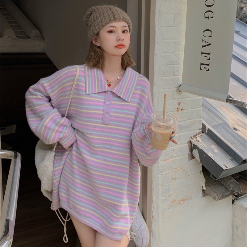 Áo Sweater dệt kim dáng rộng màu sắc trẻ trung cho nữ