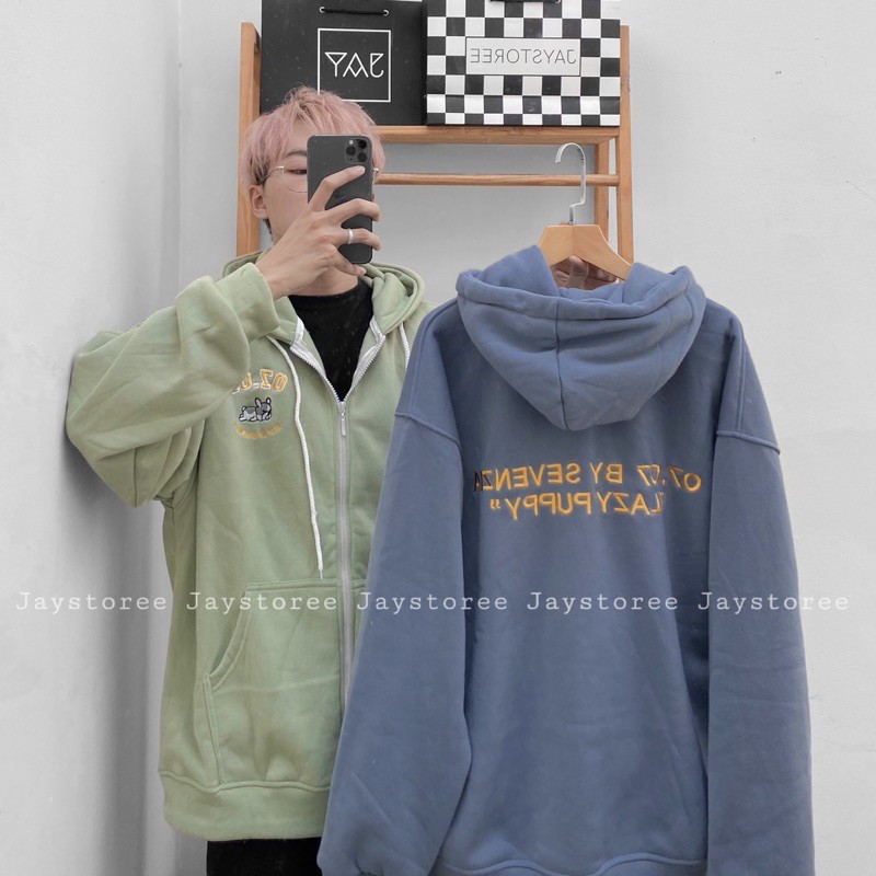 Áo Khoác Hoodie Zip Nỉ Bông 07.07 màu Xanh xám/Nam nữ Unisex/FREESHIP