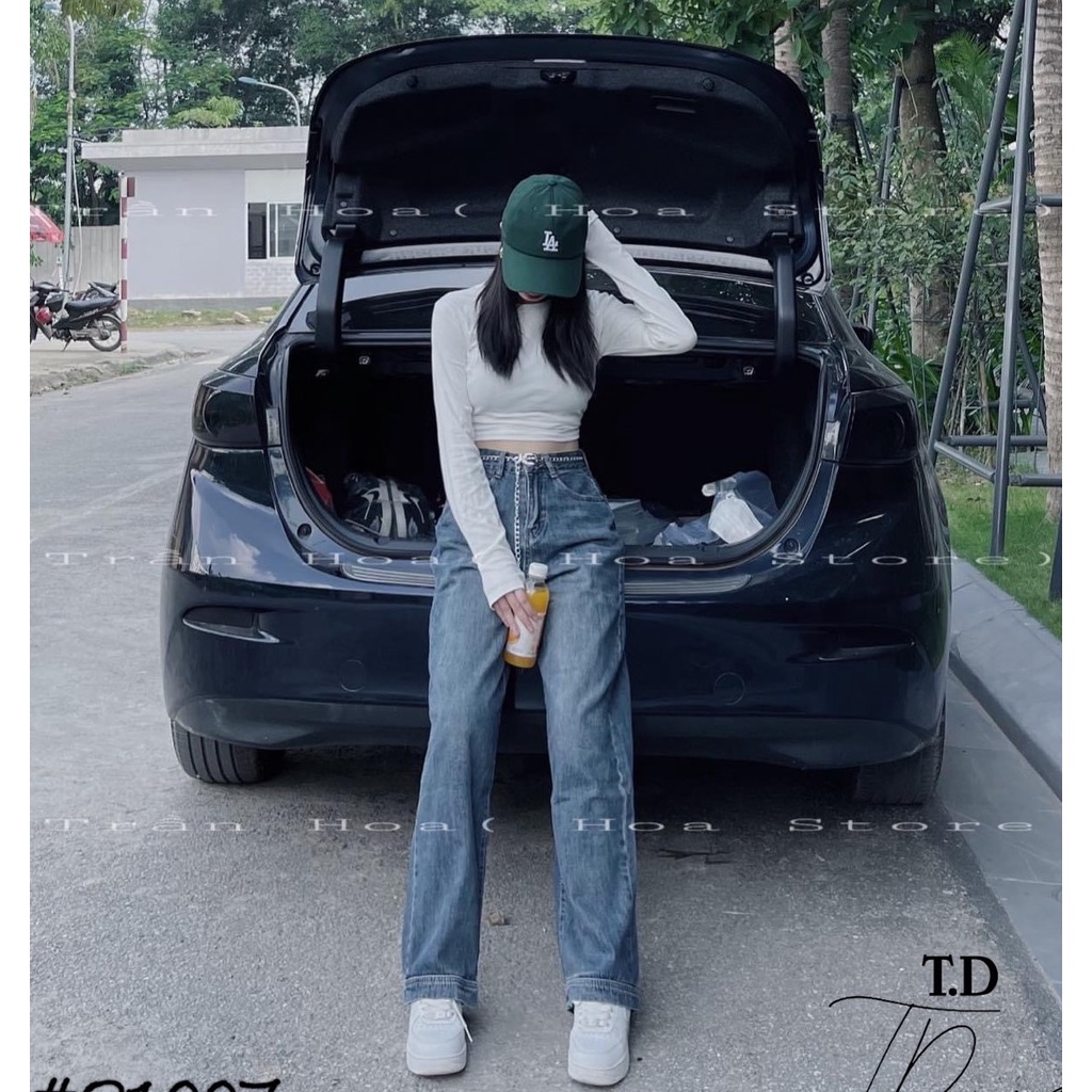 Shynstores Quần jeans nữ - quần bò nữ lưng cao dáng suông ống rộng kèm đai xích màu xanh