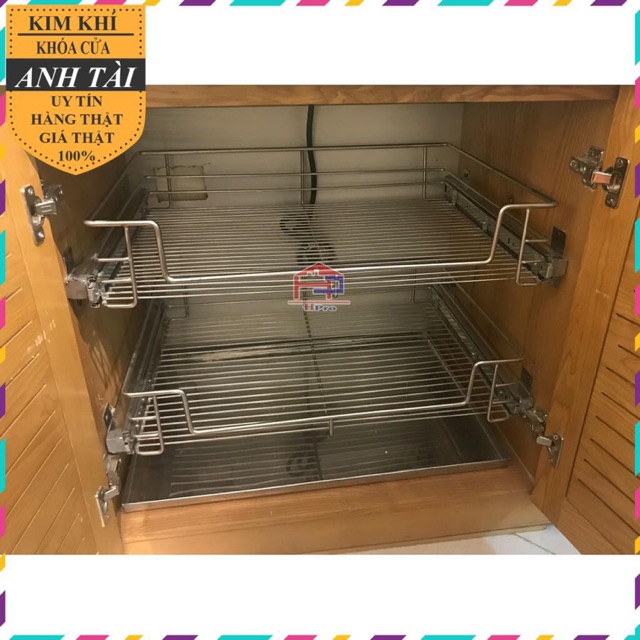 Giá để xoong nồi 2 tầng và khay nước,ray trượt bằng inox cao cấp trọn bộ