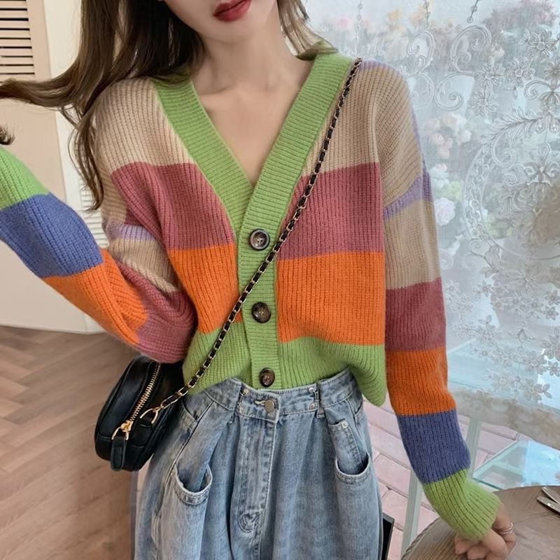 Áo Cardigan Dệt Kim Dáng Rộng Kẻ Sọc Cầu Vồng Xinh Xắn Cho Nữ