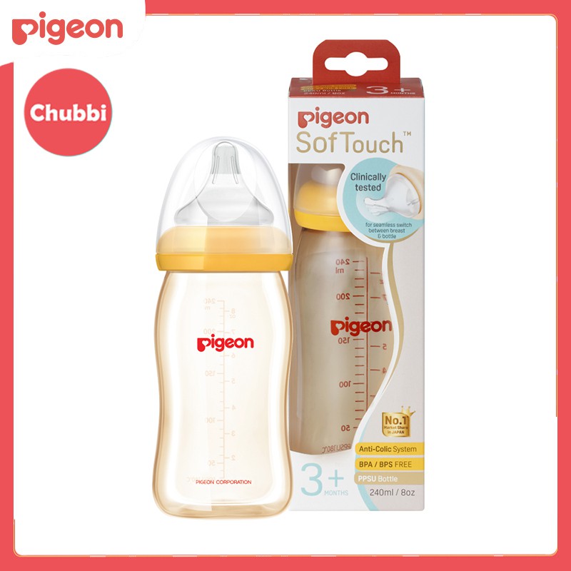 Bình Sữa Cổ Rộng PPSU Plus Pigeon 160/240 ML Kèm Núm Vú Silicon Size SS/M