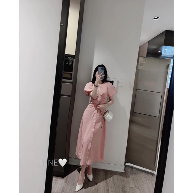 Váy Hồng Rúm Tay Bồng