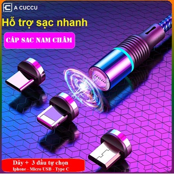 Cáp sạc từ hút nam châm đầu Iphone | micro USB | Type C xoay 360 độ dây dù,có LED cao cấp