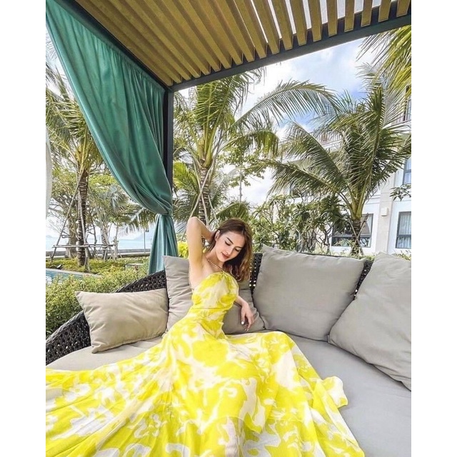 Váy Maxi Cổ Xích, Đầm Maxi Hở Lưng Đi Biển, Màu Vàng Loang, Hack Dáng, Khoe Chân Dài Miên Man, Lên Form Cực Chuẩn IVA05