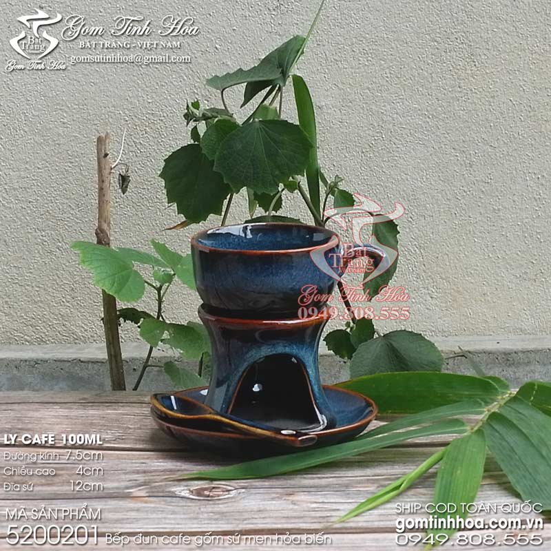 Bộ ly tách cafe đốt nến gốm sứ Bát Tràng men hỏa biến màu thiên thanh