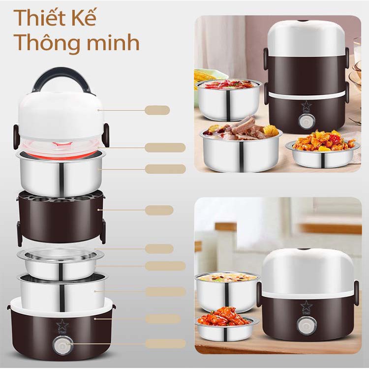 Cặp Lòng Ủ Cơm, Hộp Cơm Cắm Điện 3 Tầng Có Lõi Inox Hâm Nóng Thức Ăn, Dung Tích 1.8L,Có Tay Xách Tặng Kèm Đũa Thìa